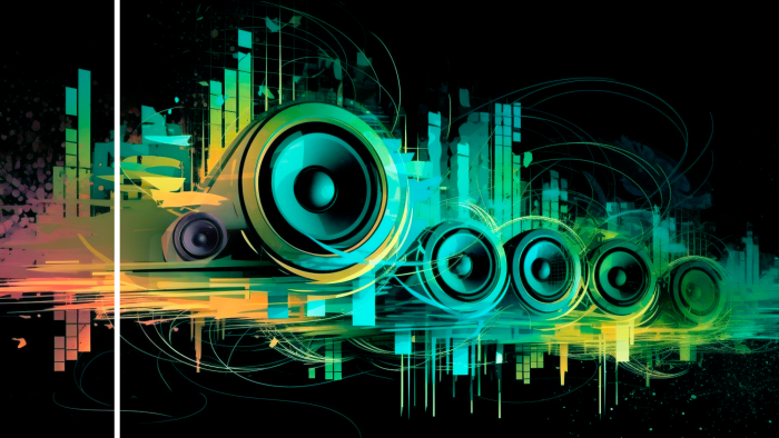 Poster Grüne und gelbe Lautsprecher in abstrakter Form