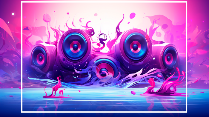 Poster Lautsprecherset mit rosa und blauen Grafiken