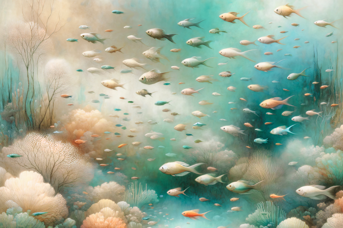 Poster Pastellfarbene Korallenriffe und Fische im Ozean