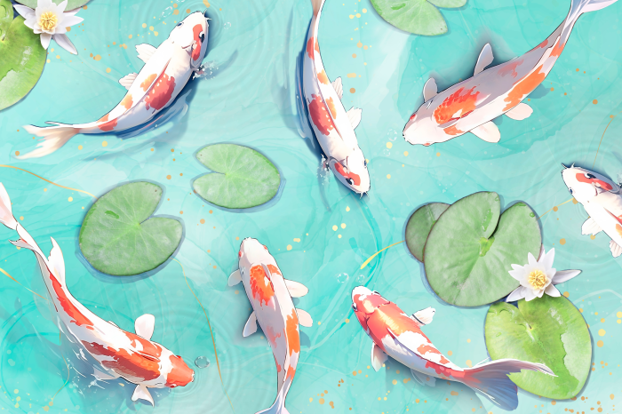 Poster Illustration von Koi-Karpfen, die in einem hellen Teich schwimmen