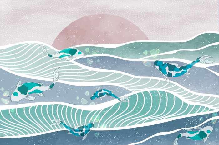 Poster Japanisches Muster mit Koi-Karpfen und Wellen