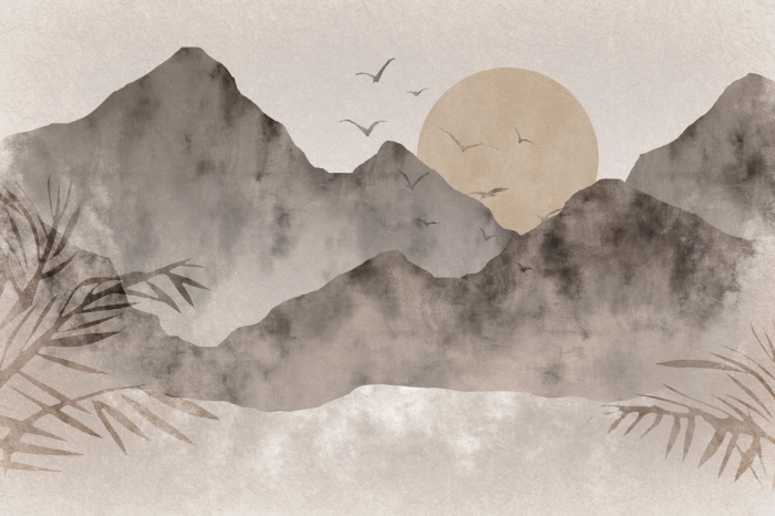 Poster Illustration einer Landschaft bei Sonnenaufgang