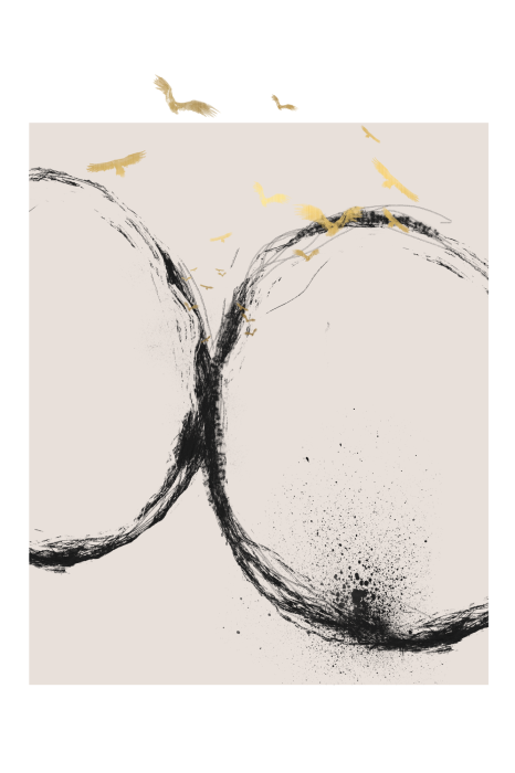 Poster Goldene Vögel über schwarzen Kreisen