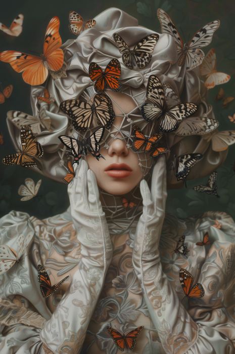Poster Eine Frau inmitten von Schmetterlingen in einer künstlerischen Komposition