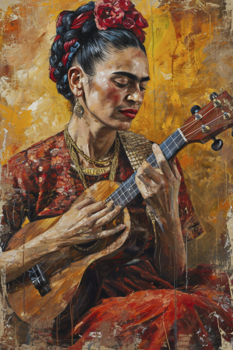 Poster Porträt von Frida Kahlo mit einer Ukulele vor gelbem Hintergrund