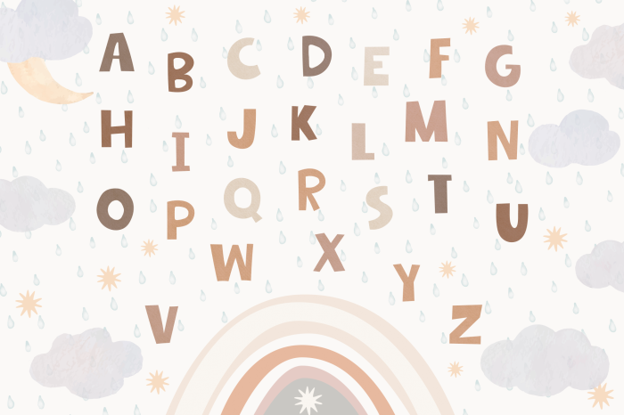 Poster Eine zarte Illustration des Alphabets mit einem Regenbogen