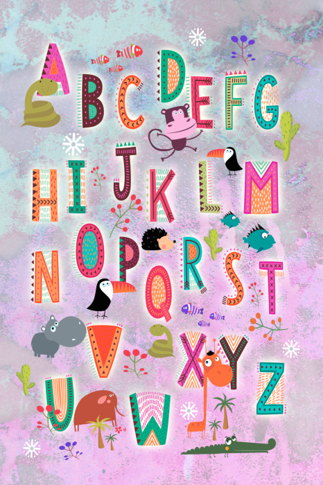 Poster Pastellalphabet mit exotischen Tieren