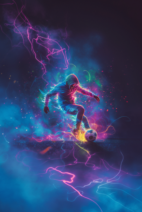 Poster Farbenfrohe Silhouette eines Fußballspielers vor abstraktem Hintergrund