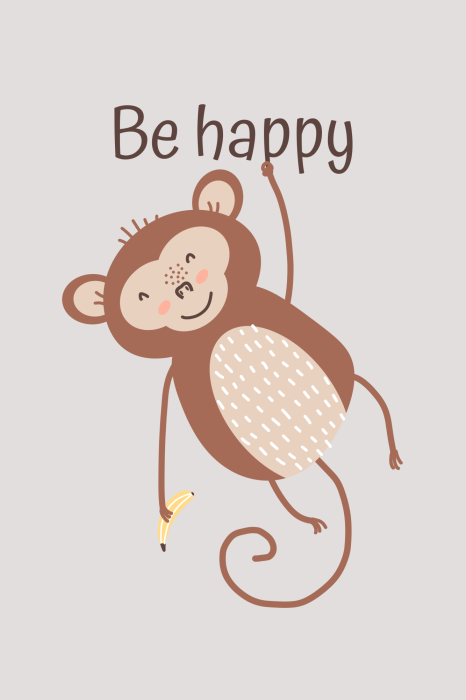 Poster Ein kleiner brauner Affe hält eine Banane mit dem Slogan „Sei glücklich“.