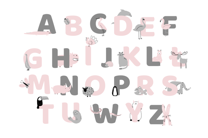 Poster Zartes rosa Alphabet mit Tieren