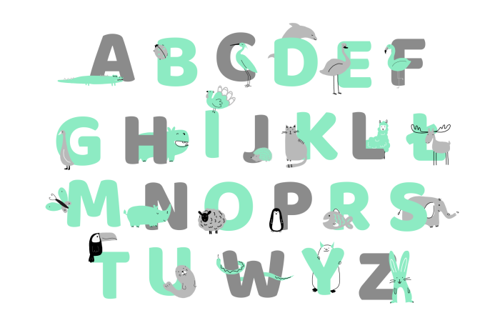 Poster Typografisches Alphabet mit Tieren