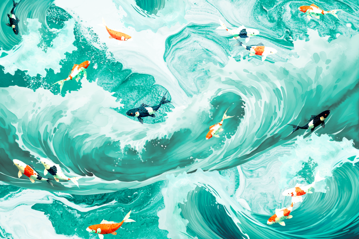 Poster Koi-Karpfen schwimmen im türkisfarbenen Wasser