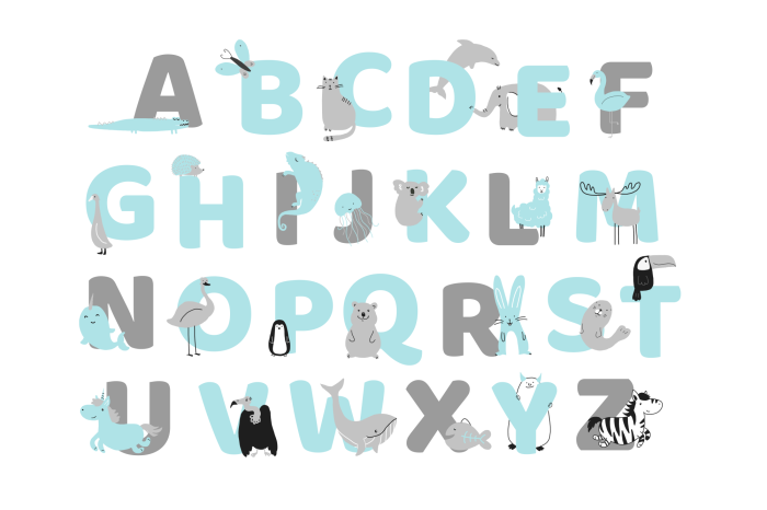 Poster Tiere zwischen blauen und grauen Buchstaben