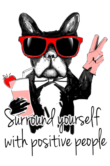 Poster Humorvoller Bulldogge mit Brille und Cocktail