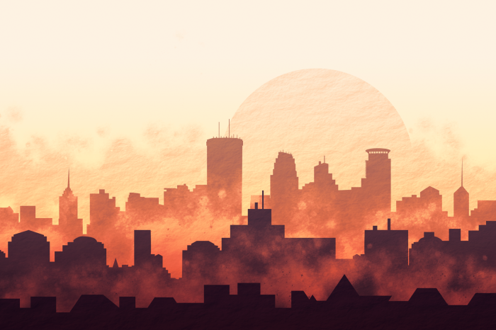 Poster Stadtlandschaft bei Sonnenuntergang