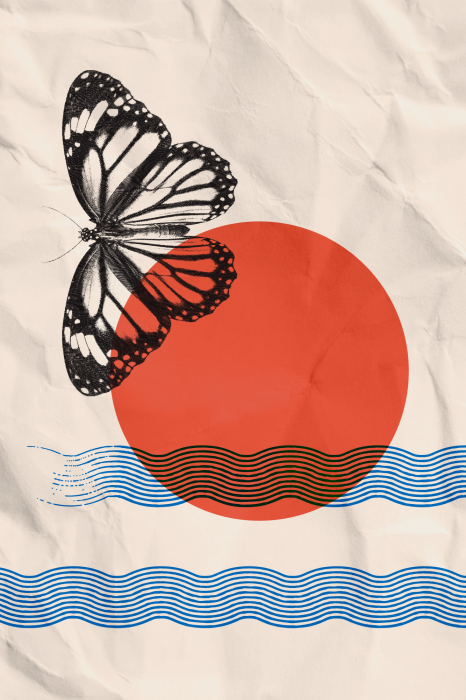 Poster Ein schwarzer Schmetterling vor einem Hintergrund mit Wellen und einer roten Sonne.