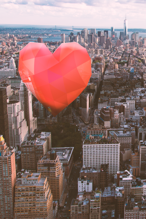 Poster Ein Herz, das über den Stadtgebäuden schwebt
