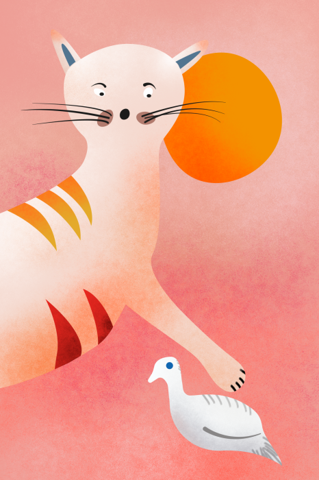 Poster Rosa Illustration mit einer Katze und einem kleinen Vogel