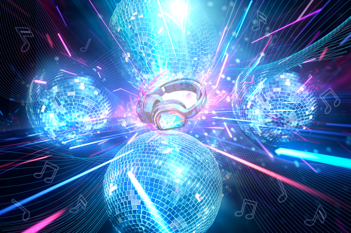 Poster Kopfhörer und Discokugeln in Neonlichtern