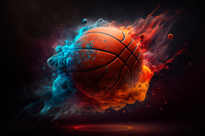 Poster Oranger Basketball mit bunten Flammen