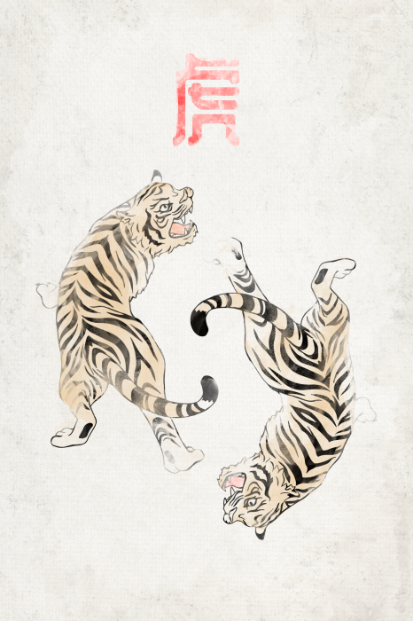 Poster Illustration eines Tigerpaares im asiatischen Stil