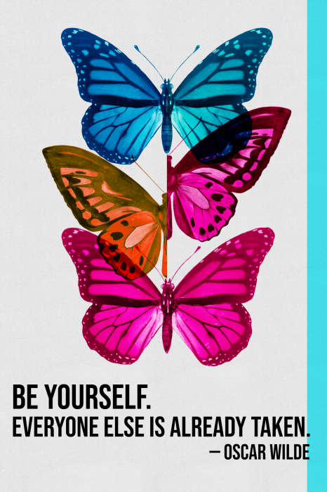 Poster Bunte Schmetterlinge in vertikaler Anordnung und ein Zitat