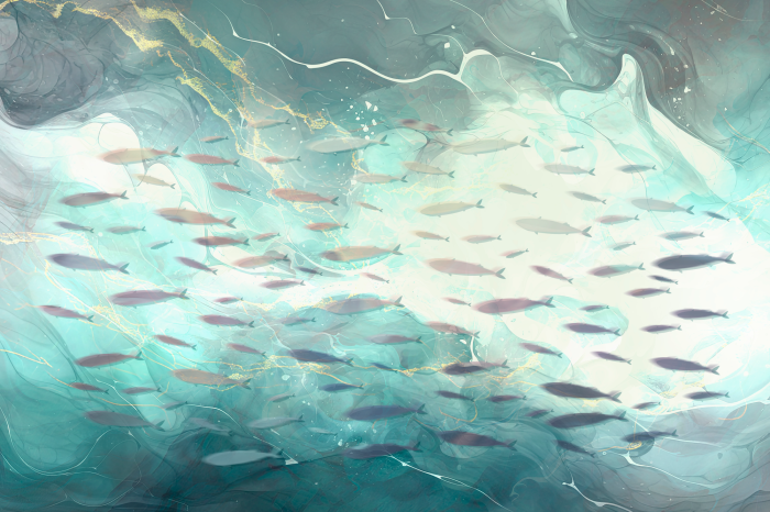 Poster Abstraktes Marmormuster mit einem Fischschwarm