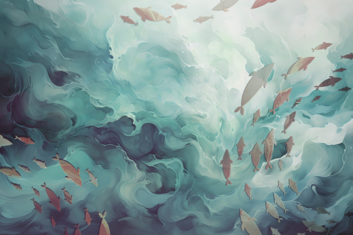 Poster Ein Gemälde von Fischen in einem wirbelnden Ozean