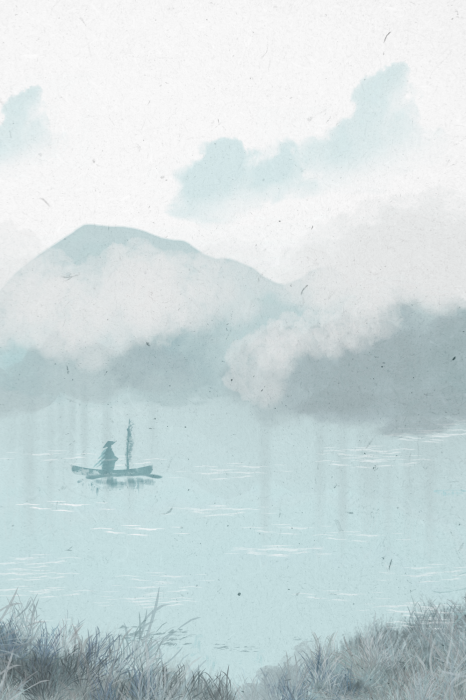 Poster Eine filigrane Illustration eines Bootes auf einem Bergsee