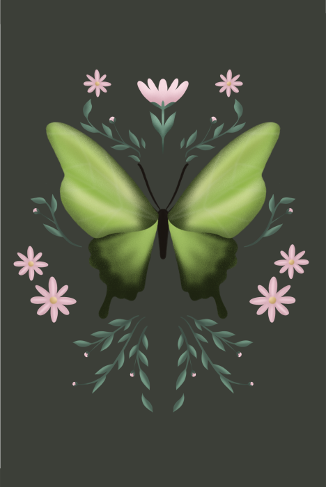 Poster Ein hellgrüner Schmetterling in einem Blumenarrangement