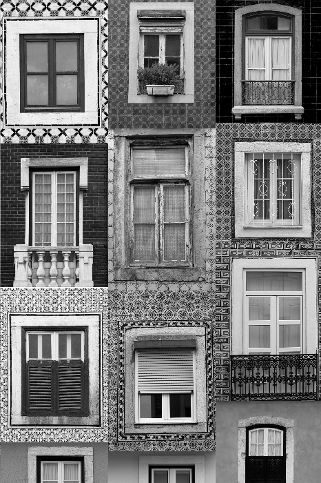 Poster Eine Sammlung dekorativer Fenster eines Mietshauses