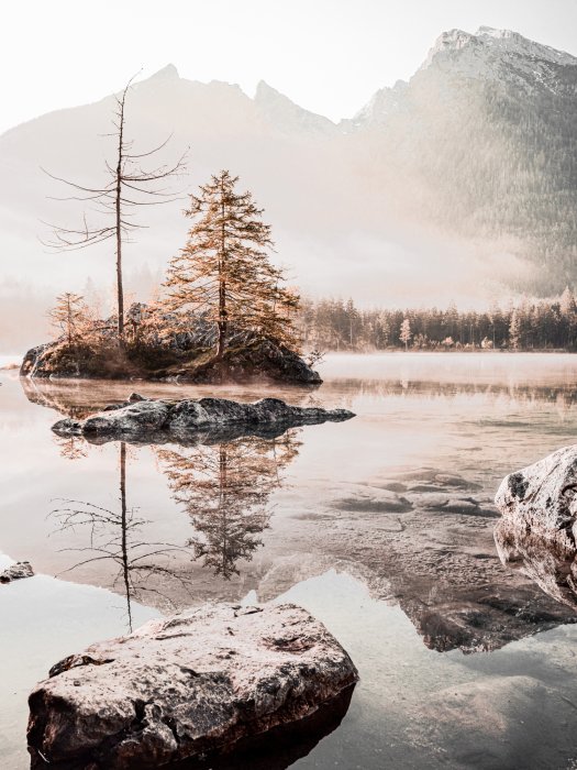 Poster Sonniger Morgen in den Bergen mit Nebel malerische Landschaft