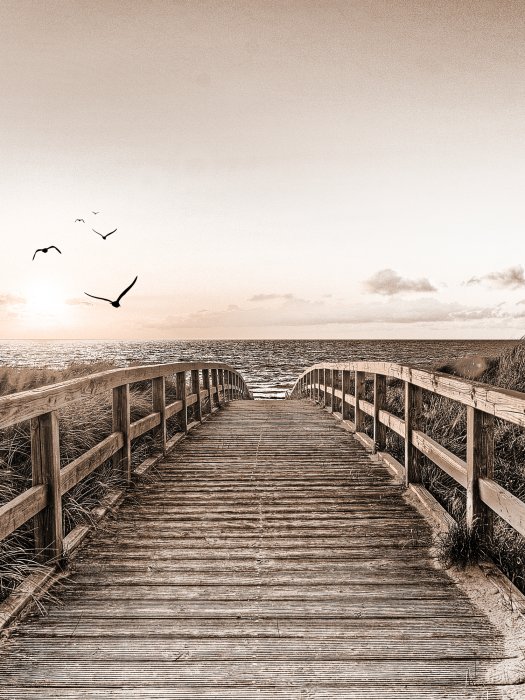 Poster Holzbrücke mit Blick auf den Sonnenuntergang über dem Meer