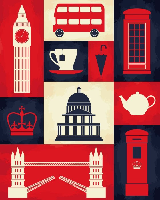 Poster Symbole, die mit London in einer grafischen Darstellung verbunden sind
