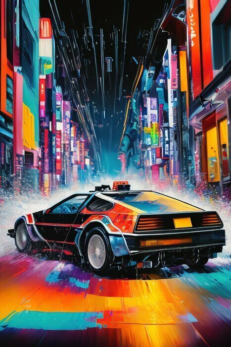 Poster Cartoon-Auto in einer Neonstadt