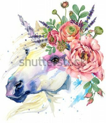 Poster Einhornkopf-Grafik im Aquarellstil mit Blumen