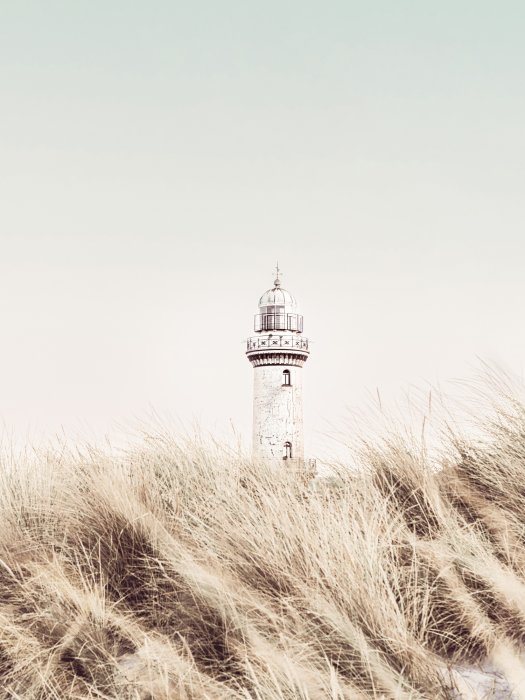 Poster Meereslandschaft mit Leuchtturm zwischen Gräsern