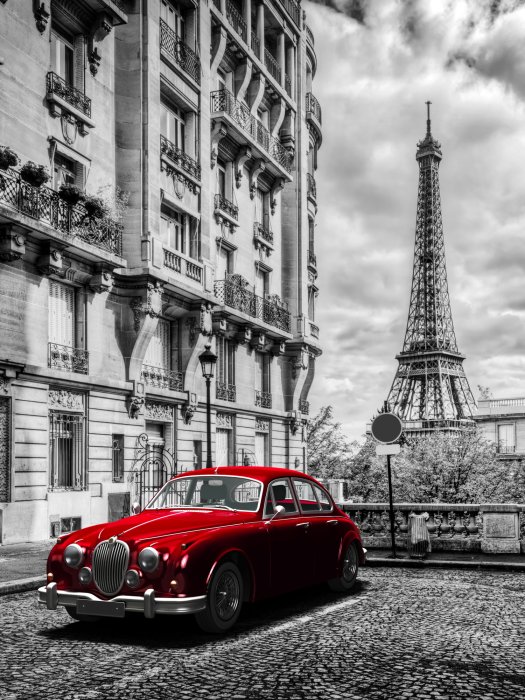 Poster Rotes Retro-Auto und der Eiffelturm in Paris