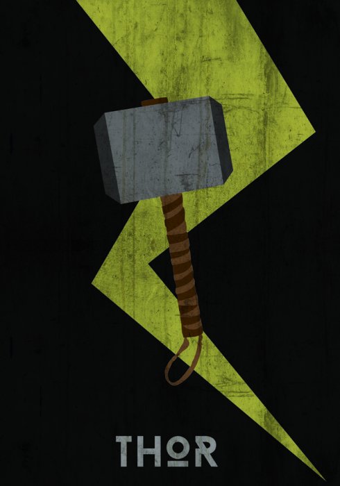 Poster Hammer mit Blitz im Hintergrund und der Inschrift „Thor“.