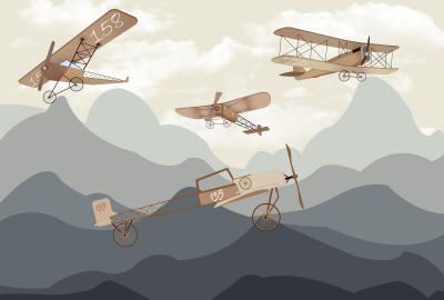 Fototapete Illustration Flugzeuge mit Doppeldeckern über Bergen