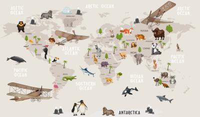Fototapete Graue Weltkarte mit Tieren für Kinder