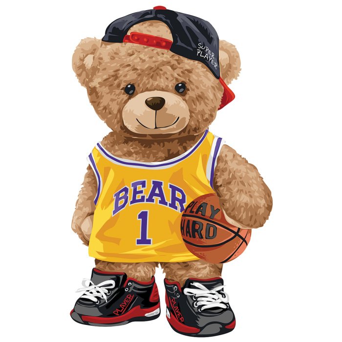 Sticker Ein Teddybär im Basketball-Outfit mit einem Ball