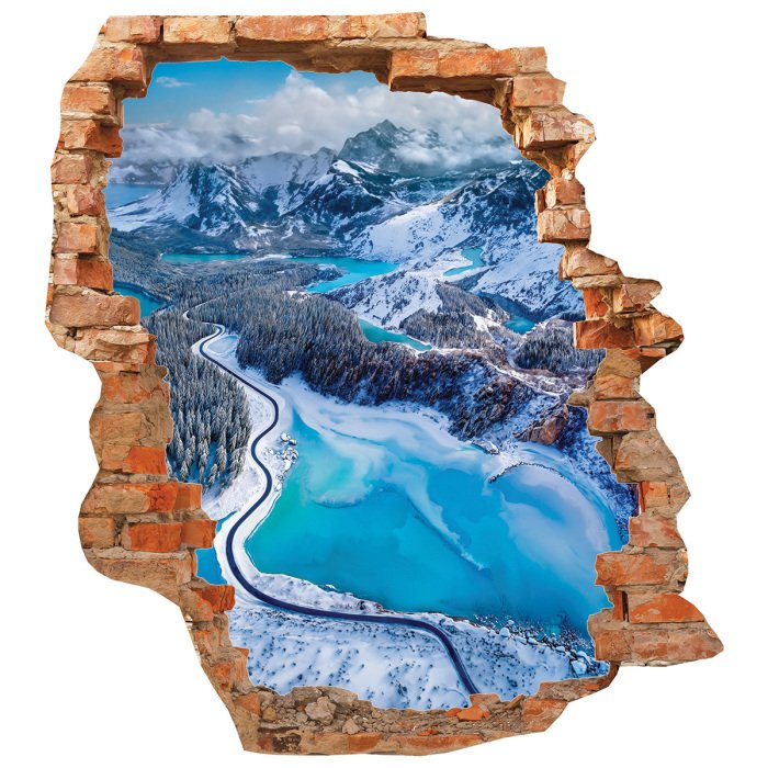 Sticker Blick auf einen Bergsee durch ein 3D-Loch in der Wand