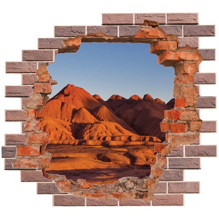 Sticker 3D-Loch in einer Backsteinmauer mit Blick auf eine Wüstenlandschaft