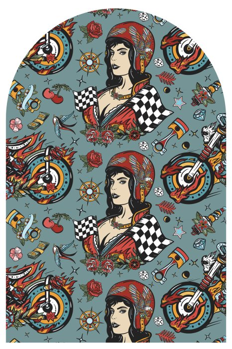 Sticker Altmodisches Muster einer Frau mit Helm und Motorrädern