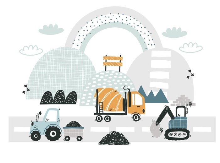 Sticker Baustellenfahrzeuge vor Regenbogenhintergrund - Illustration für Kinder