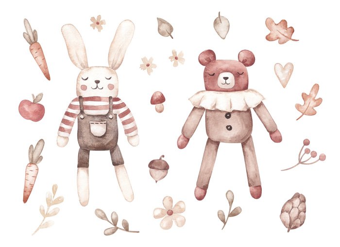 Sticker Aquarell-Hase und Teddybär in Herbstfarben