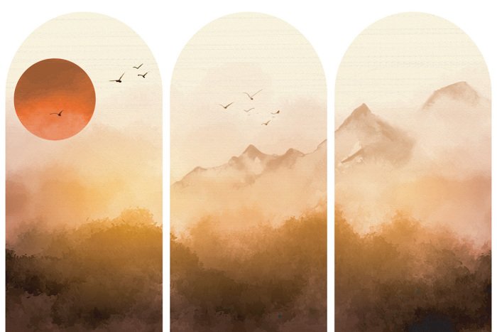 Sticker Aquarell-Berglandschaft bei Sonnenuntergang