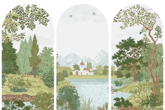 Sticker Landschaft mit einem Fluss in geometrischen Bögen