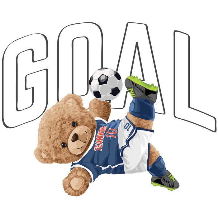 Sticker Ein Teddybär in Fußballuniform mit einem Fußballball